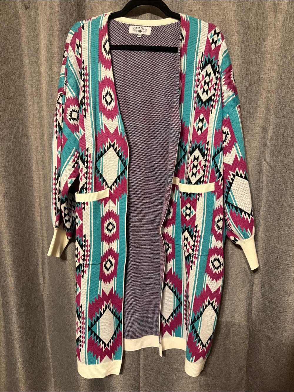 Crazy Train Open-Front Tribal Cardigan - Teal, Magenta, White & Black